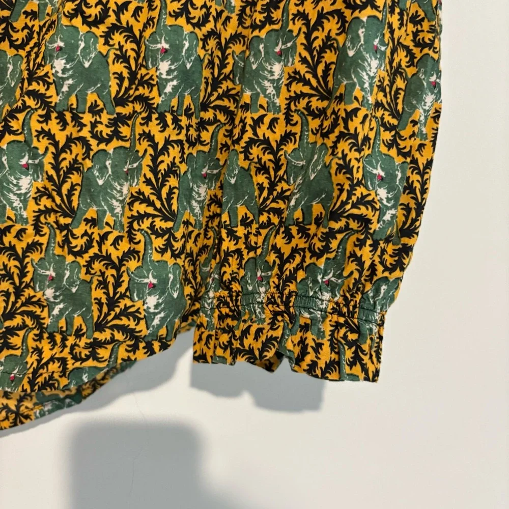 J Crew Ratti Elephant Print Off-the-Shoulder Ruffle Top Gold Green‎ Size 4